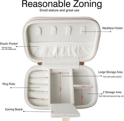 Small Jewelry Travel Case For Womens Small Rectangle PU Leather Jewelry Box With Zipper 2.56" H Portable Travel Jewelry Case For Big Earring Rings Necklaces Bracelets White Jewelry Gifts Box