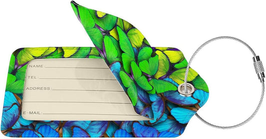 2Pcs Green Blue Butterfly Luggage Tags for Suitcases for Women Girls, Pretty Leather Suitcases Tag with Stainless Steel Loop Privacy Cover ID Label Travel Bag Tags Luggage Identifiers for Kids Adults