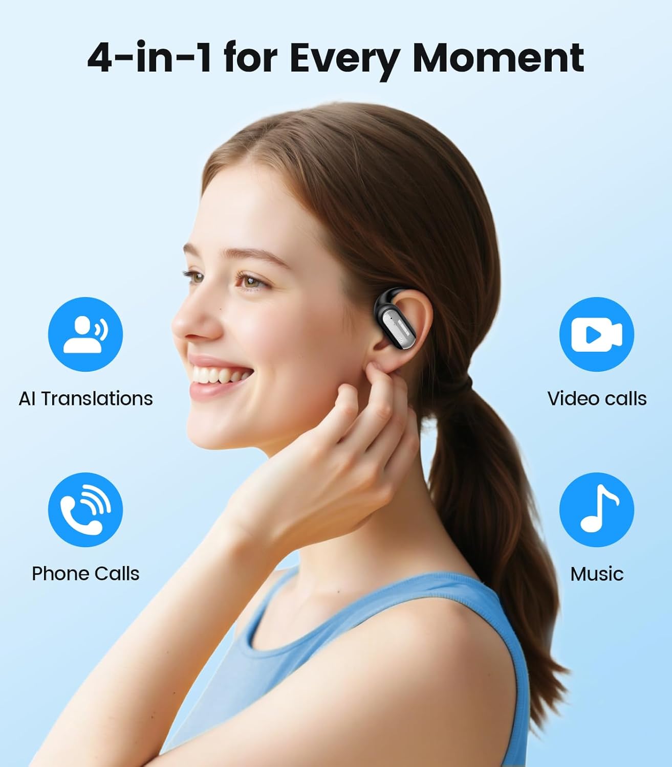 AI Translation Earbuds Real Time 164 Languages Translator Ear Buds Audifonos Traductores Inglés Español 4-in-1 Wireless Headphones Bluetooth Earphones for Travel Business Meeting Learning Black