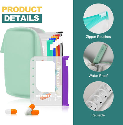 A7-L Water-Proof Pill Pouch Set， Large Pill Organizer, BPA Free, A7-L Pill Loose-Leaf Storage with Color-Coded Medicine Pouches, Reusable Travel Medicine Organizer， Zippered Pill Organizers Weekly