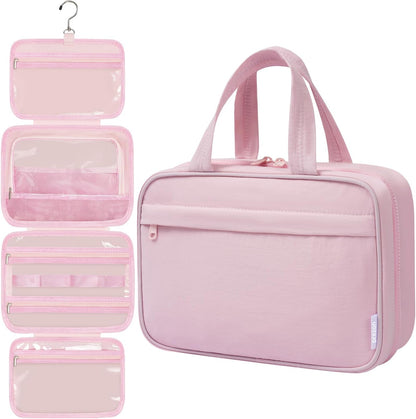 Toiletry Bag For women,Portable Hanging Organizer,4 Leakproof Compartment for full-sized Conditioner, Brushes Set, Makeup Accessories,Visible and easy to access.L-pink