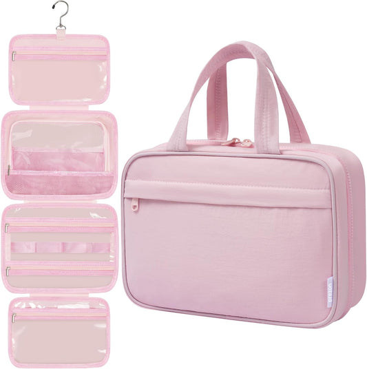 Toiletry Bag For women,Portable Hanging Organizer,4 Leakproof Compartment for full-sized Conditioner, Brushes Set, Makeup Accessories,Visible and easy to access.L-pink