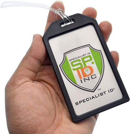 5 Pack - Premium Rigid Airline Luggage Tag Holders with 6" Worm Loops - Heavy Duty Hard Plastic -Suitcase ID Tag Identifiers with Business Card Insert Window by Specialist ID (Black)