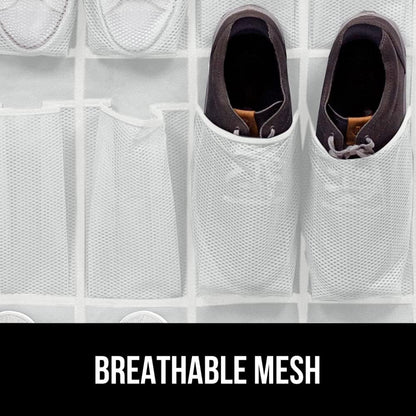 GORILLA GRIP Over the Door Shoe Organizer, 24 Large Breathable Mesh Pockets, Space Saving Hanging Storage Holder, Closet Rack Hanger Holds Up to 40 lbs, Hangs on Closets for Shoes, Accessories, White
