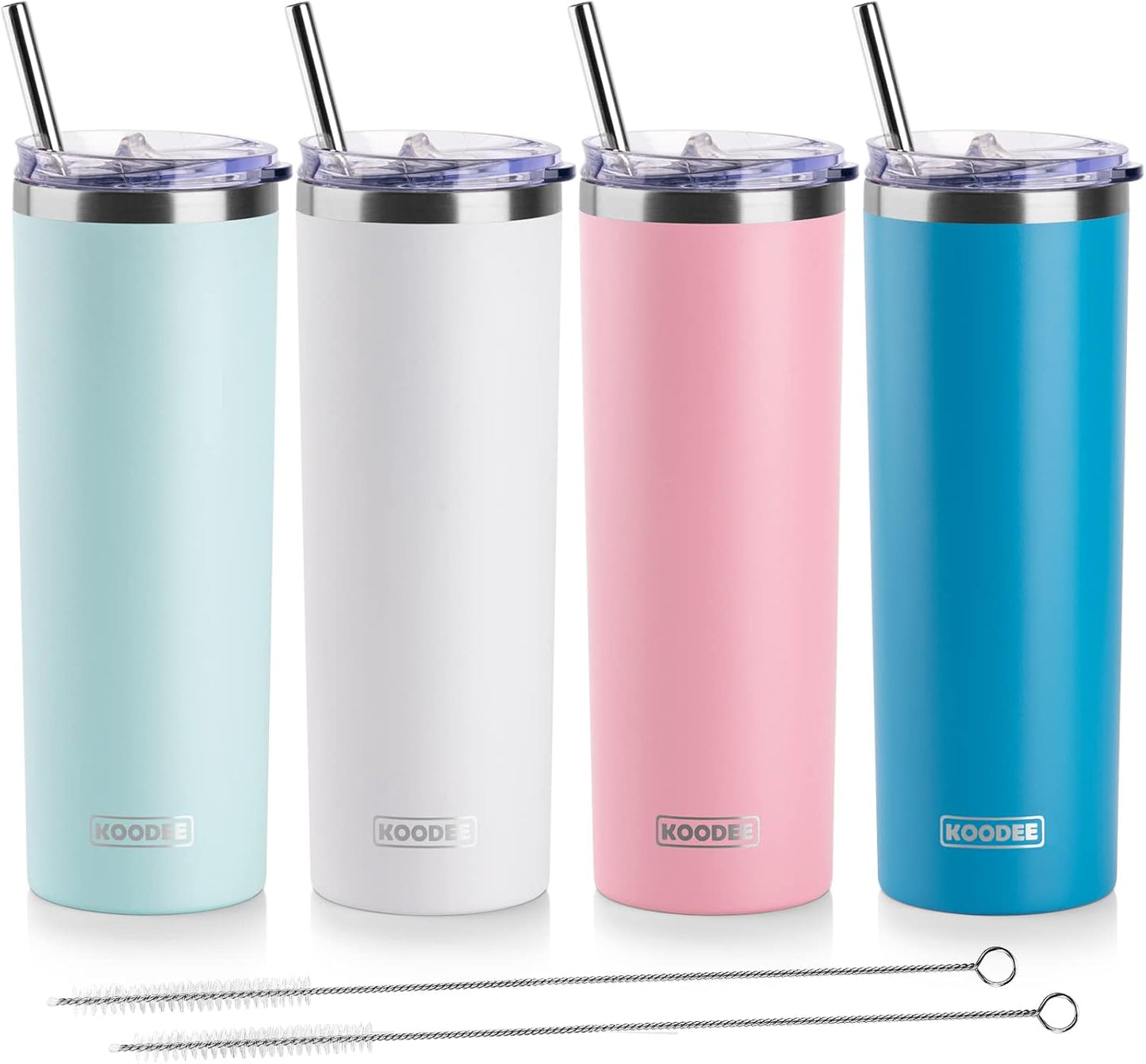 koodee 20 oz Stainless Steel Skinny Tumblers (4 Pack) Double Wall Insulated Water Tumbler Cup with Straw, Lids and Straw Brushes (Baby blue/White/Pink/Sky Blue)