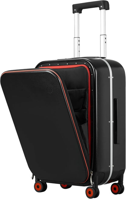 mixi Carry On Luggage, 20'' Suitcase with Front Laptop Pocket, Travel Rolling Luggage Aluminum Frame PC Hardside with Spinner Wheels & TSA Lock and Cover - Black Hollow Wheel