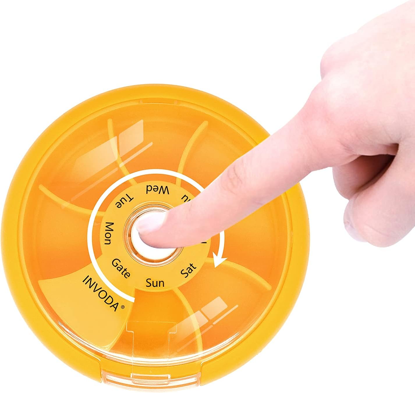 INVODA Weekly Pill Organizer 7 Compartment Rotating Pill Box for Daily Medication & Vitamins - Portable Travel Pill Case Fish Oil Supplements Vitamins Organizer (Orange)