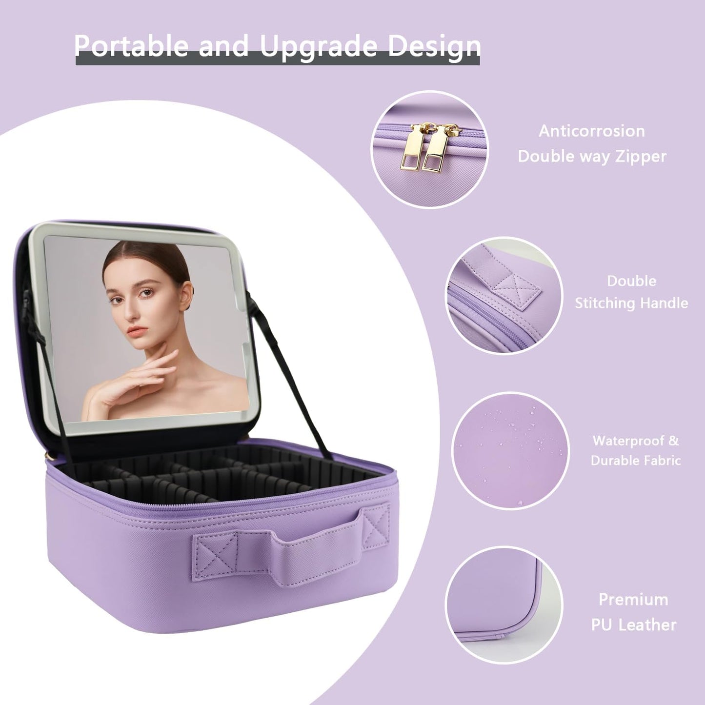 Makeup Bag with Led Mirror,Travel Makeup Organizer with 3 Color Setting, Portable Storage and Adjustable Dividers Travel Makeup Bag(Purple)