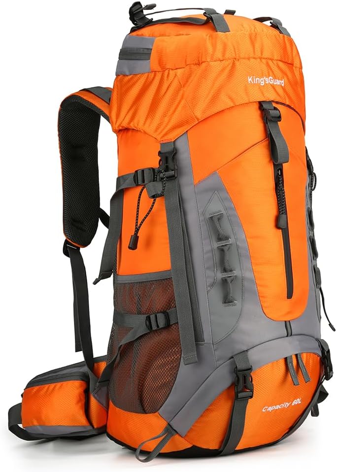 King'sGuard 60L Hiking Backpack Large Waterproof Camping Backpack for Men and Women Lightweight Frameless Backpacking Backpack with Rain Cover (Orange)