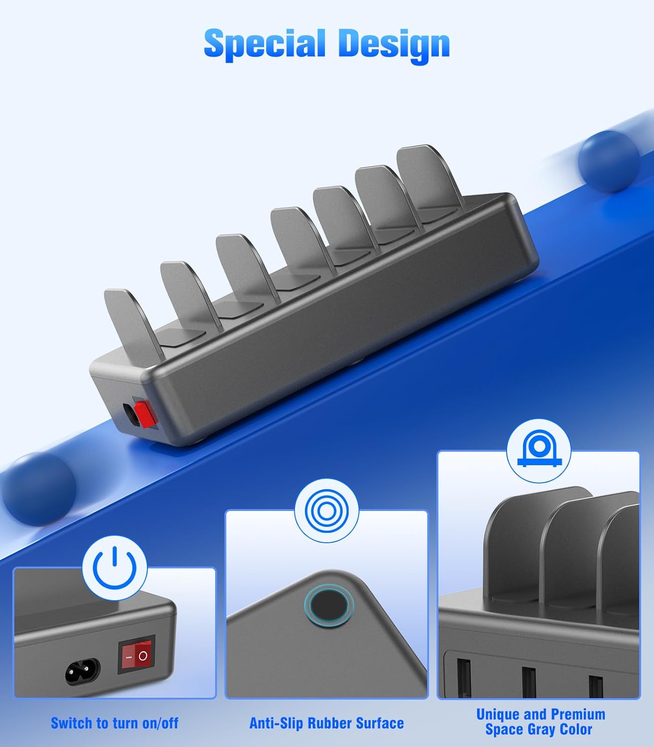 CREATIVE DESIGN 50W Charging Station for Multiple Devices,6 Port Multiple USB Charger Station with 6 Cables Compatible with iPhone,iPad Kindle Tablet and Other Electronic（Space Gray