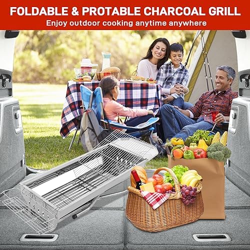 Karl home Portable Charcoal Grill, 39 x 12x 28" Foldable Barbecue Grill, Stainless Steel BBQ Grill for Cooking Outdoor Camping Garden Beach Party Hiking Picnic(Large)