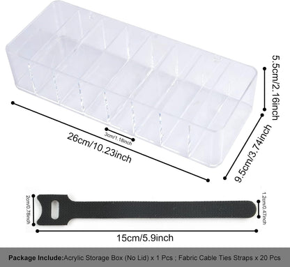 Acrylic Electronics Organizer-8 Sections Clear Cable Storage Bin Box,Cord Management Holder,Desk Storage Accessories with 20 PCS 6 Inch Reusable Fastening Fabric Cable Tie Straps Cord Wraps (No Lid)