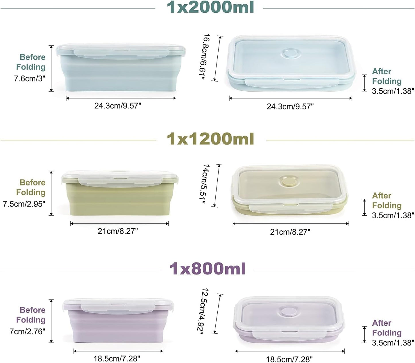 Large Collapsible Food Containers with Lids for Camping & Travel | Leak-Proof Silicone Storage Bowls,2000ml/1200ml/800ml, Dishwasher, Microwave Freezer Safe - Set of 3