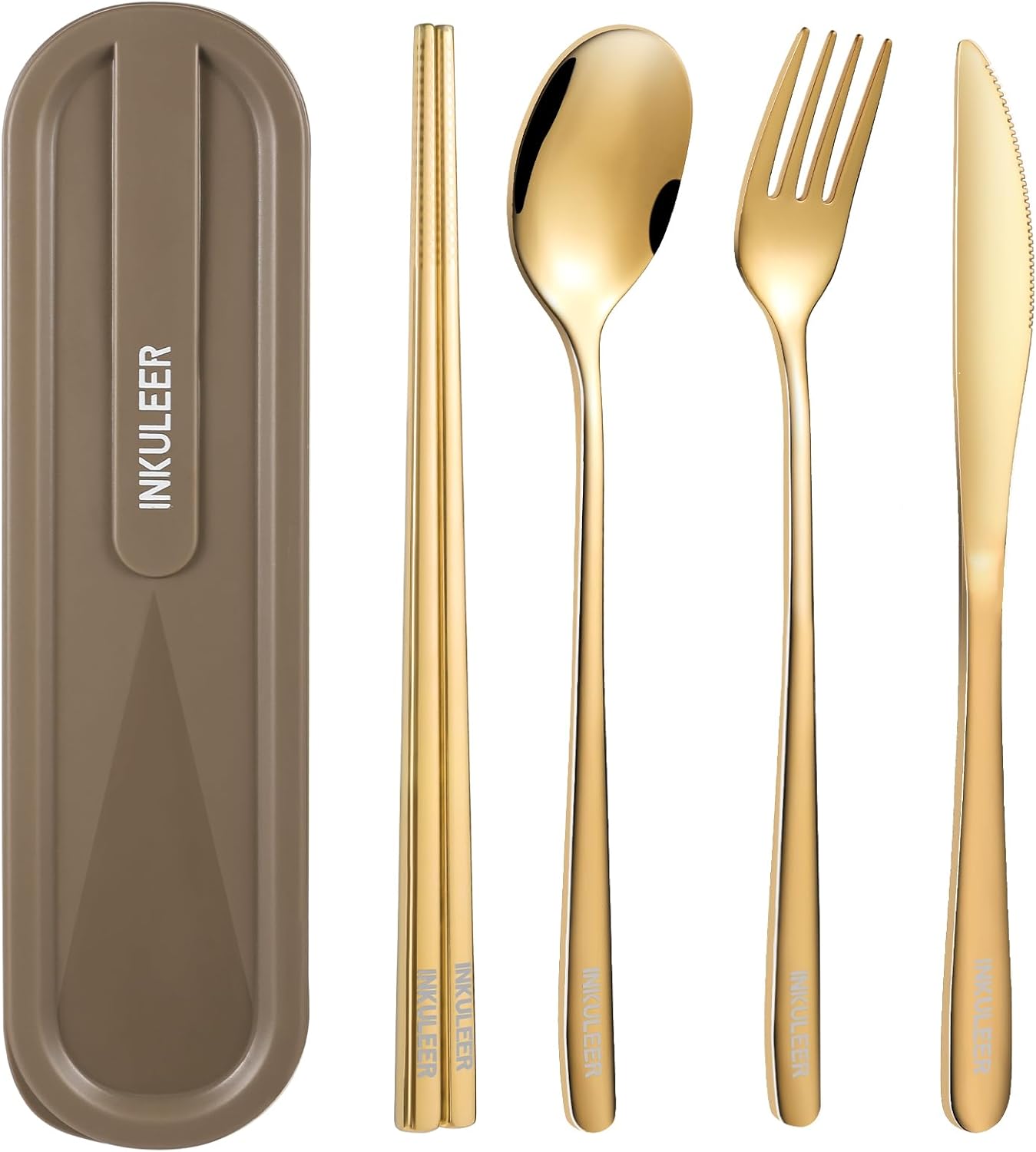 INKULEERTravel cutlery set, 18/8 stainless steel cutlery, Reusable utensils set with case, Portable Silverware Lunch Box for Camping and Office (Rose gold)