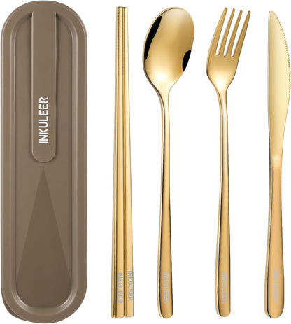 INKULEERTravel cutlery set, 18/8 stainless steel cutlery, Reusable utensils set with case, Portable Silverware Lunch Box for Camping and Office (Rose gold)