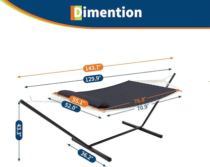 Double Hammock with Stand for 2 Persons Outdoor,Heavy Duty 450lb Capacity,with Portable Steel Frame,Cotton Rope,Polyester Pad and Carry Bag,Perfect for Garden Camping Beach Backyard Patio