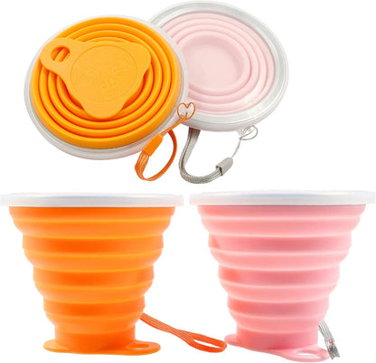 Litoexpe 2 Pack Silicone Collapsible Travel Cup Portable Folding Camping Cup Sets with Lids, Pink & Orange