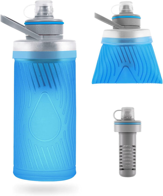 Collapsible Water Bottle with Filter for Travel,Portable Water Filter Camping,Water Purifier Bottle for Camping Hiking Cycling Outdoor Sports,Mountain Blue