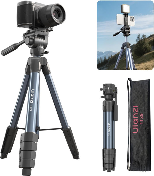 ULANZI TT39 Travel Tripod with Fluid Head, Lightweight Camera Stand for DSLR and Phone, Compact 61'' Tripod Mount with Phone Clip for Outdoor Vlogging and On-The-Go Shooting