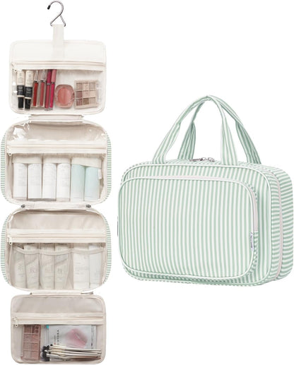 Narwey Striped Travel Toiletry Bag for Women Large Hanging Makeup Bag Organizer Toiletries Bag for Full Size Essentials Accessories Cosmetics (Mint Green Stripe (Large))
