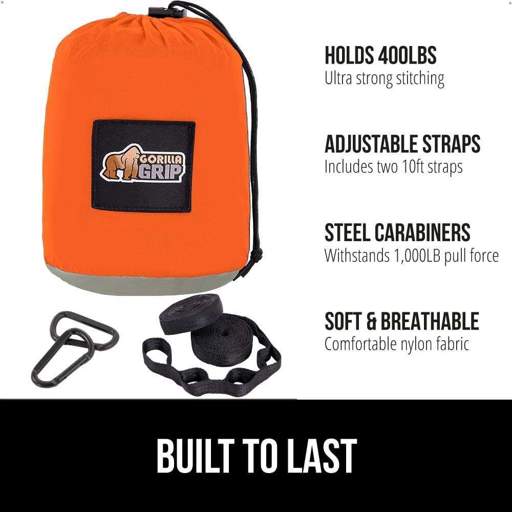 GORILLA GRIP Durable Portable Camping Hammock, Holds 400lbs with Heavy Duty Tree Straps, Comfortable Travel Swing, Camp Hammocks, Easy to Use and Install, Outdoor Essentials, Orange, 9x4.5 FT