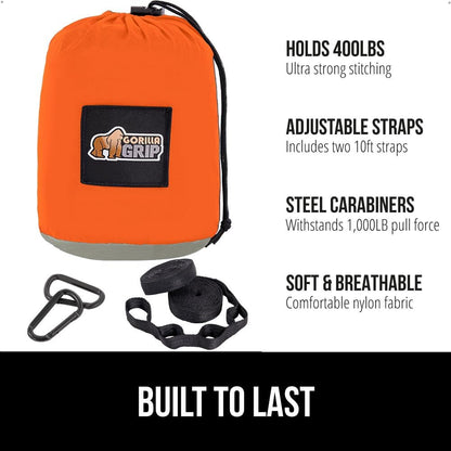 GORILLA GRIP Durable Portable Camping Hammock, Holds 400lbs with Heavy Duty Tree Straps, Comfortable Travel Swing, Camp Hammocks, Easy to Use and Install, Outdoor Essentials, Orange, 9x4.5 FT