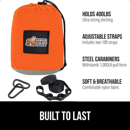 GORILLA GRIP Durable Portable Camping Hammock, Holds 400lbs with Heavy Duty Tree Straps, Comfortable Travel Swing, Camp Hammocks, Easy to Use and Install, Outdoor Essentials, Orange, 9x4.5 FT