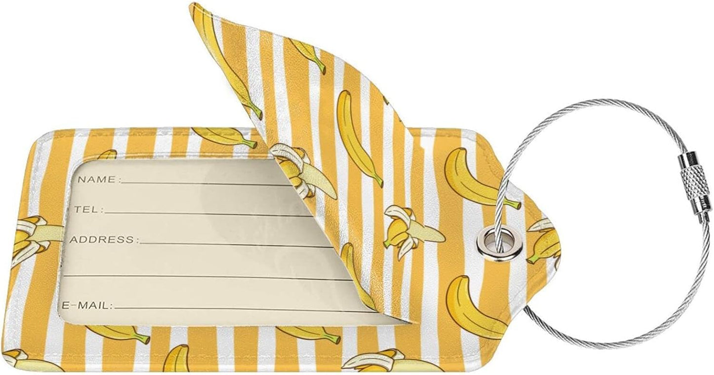 2 Packs Bananas Crew Luggage Tag for Adult Kids, Cute Yellow Background Fruit Suitcase Tag Labels Leather Travel Baggage Identifiers Tags with Full Back Privacy Name ID Card