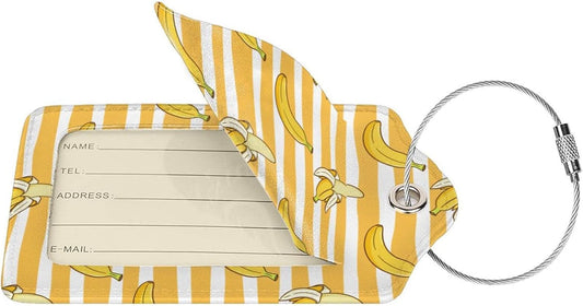 2 Packs Bananas Crew Luggage Tag for Adult Kids, Cute Yellow Background Fruit Suitcase Tag Labels Leather Travel Baggage Identifiers Tags with Full Back Privacy Name ID Card