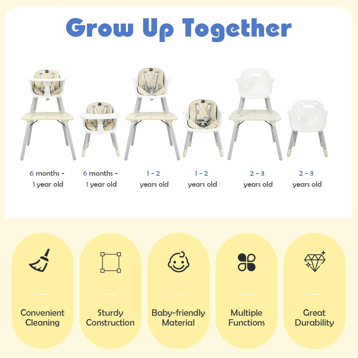 HONEY JOY 5-in-1 High Chair, Convertible Highchair for Babies and Toddlers/Kids Chair Table Set/Infant Feeding Chair w/Safety Harness, PU Leather Cushion & Removable Food Tray (Beige)