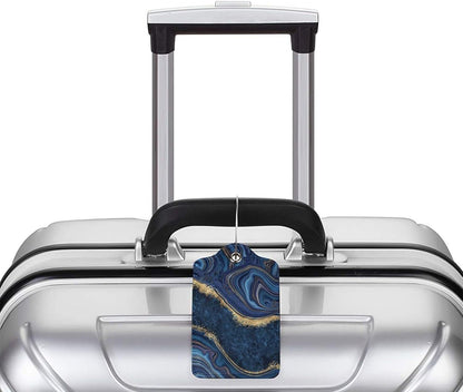 2PC Dark Blue Marble Luggage Tags Leather Suitcase Tag Privacy Name ID Card Quick to Find Out Travel Bag Labels with Stainless Steel Loop for Women Men Chilren Set of 2