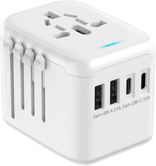 JMFONE International Power Plug Adapter, Universal Travel Adapter with 2 USB-C & 2 USB-A Ports and Multi AC Sockets, All-in-One Worldwide Travel Outlet Charger Adapter for EU US UK AU 200+ Countries