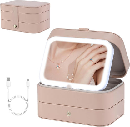 Travel Jewelry Case with LED Lighted Mirror, Personalized Birthday Gifts for Women Girls Kids, 2-Layer Portable Travel Jewelry Organizer, Travel Essentials (Autumn Apricot)