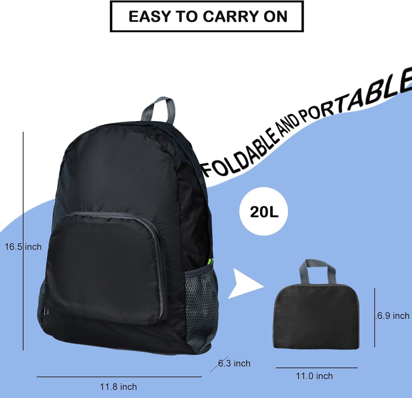 20L Hiking Daypack, Lightweight Backpack for Travel Camping Outdoor, Foldable Backpack For Men Women(BLACK)