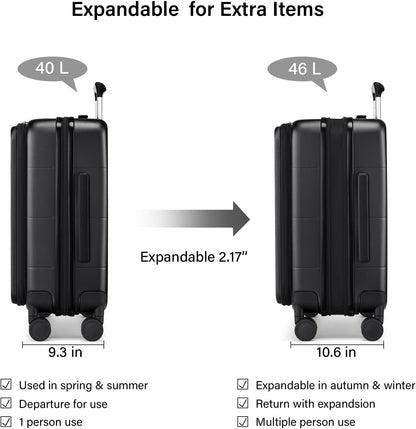 Hanke Hardside Expandable Carry On Luggage, 20 Inch Top Opening Trunk Luggages with Spinner Wheels, All-PC Hard Shell Carry-On Suitcase, Lightweight & TSA Airline Approved (Jet Black, 46L)