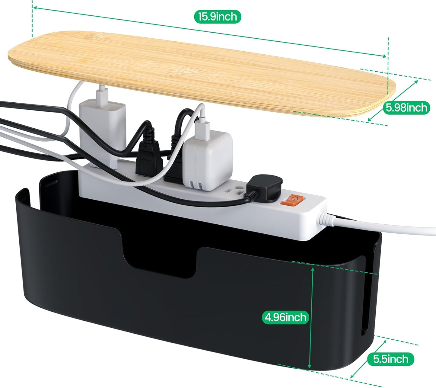 Large Cable Management Box - Cord Organize Box with Bamboo lid for Safe Home & Office, Cord Hider for Power Strip Under Desk, Cover TV Wires, Child & Pet Proof Cord Box, Black