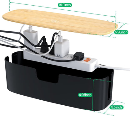 Large Cable Management Box - Cord Organize Box with Bamboo lid for Safe Home & Office, Cord Hider for Power Strip Under Desk, Cover TV Wires, Child & Pet Proof Cord Box, Black