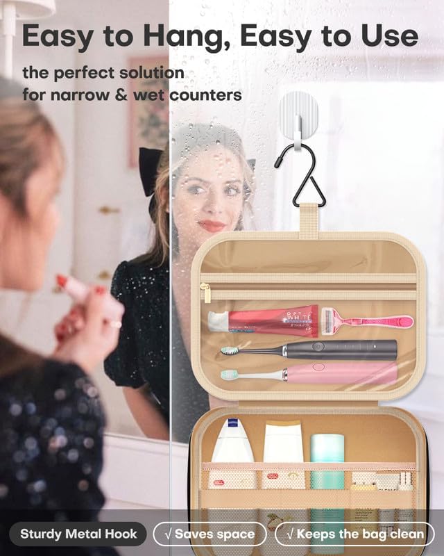 HOTOR Travel Toiletry Bag for Women & Men, Waterproof Makeup Bag with Hanging Hook and Multiple Pockets, Cosmetic Bags for Women, Travel Essentials, 11.2'' x 3.2'' x 8.9'', Pale Pink