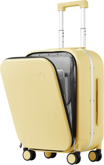 mixi Carry On Luggage, 20'' Suitcase with Front Laptop Pocket, Travel Rolling Luggage Aluminum Frame PC Hardside with Spinner Wheels & TSA Lock and Cover - Lark Yellow