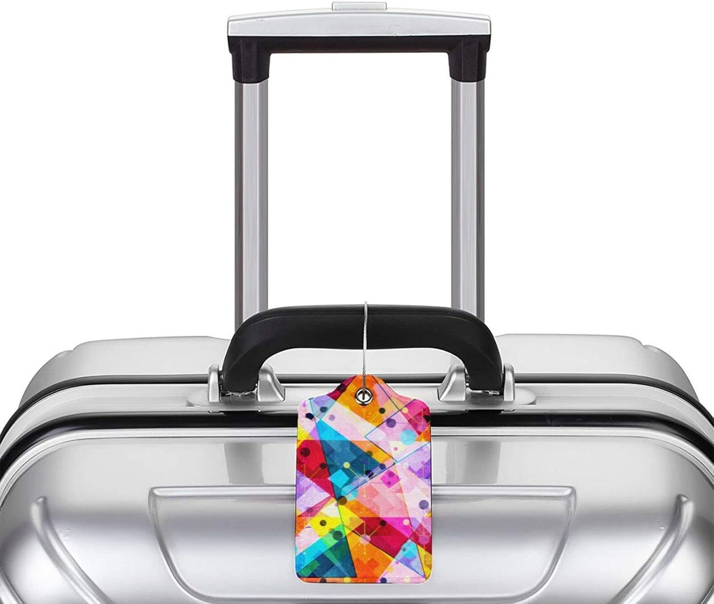 2-Pack PU Leather Luggage Tag with Colorful Geometric Pattern, Rainbow Airport Suitcase Baggage Label Tags, Business ID Card Holders Gifts for Women Men Girls Boys Kids Crew