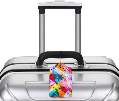 2-Pack PU Leather Luggage Tag with Colorful Geometric Pattern, Rainbow Airport Suitcase Baggage Label Tags, Business ID Card Holders Gifts for Women Men Girls Boys Kids Crew