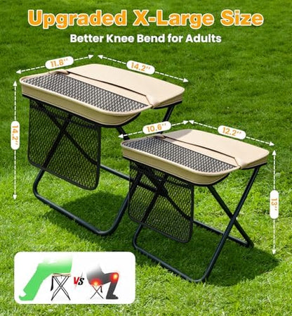 2 Pcs XL Foldable Backpack Stool for Adults, 14.2" Wide Seat & Knee-Friendly Folding Stool Pocket Chair, Portable Chairs, Heavy Duty Collapsible Camping Seat for Fishing Travel - Khaki