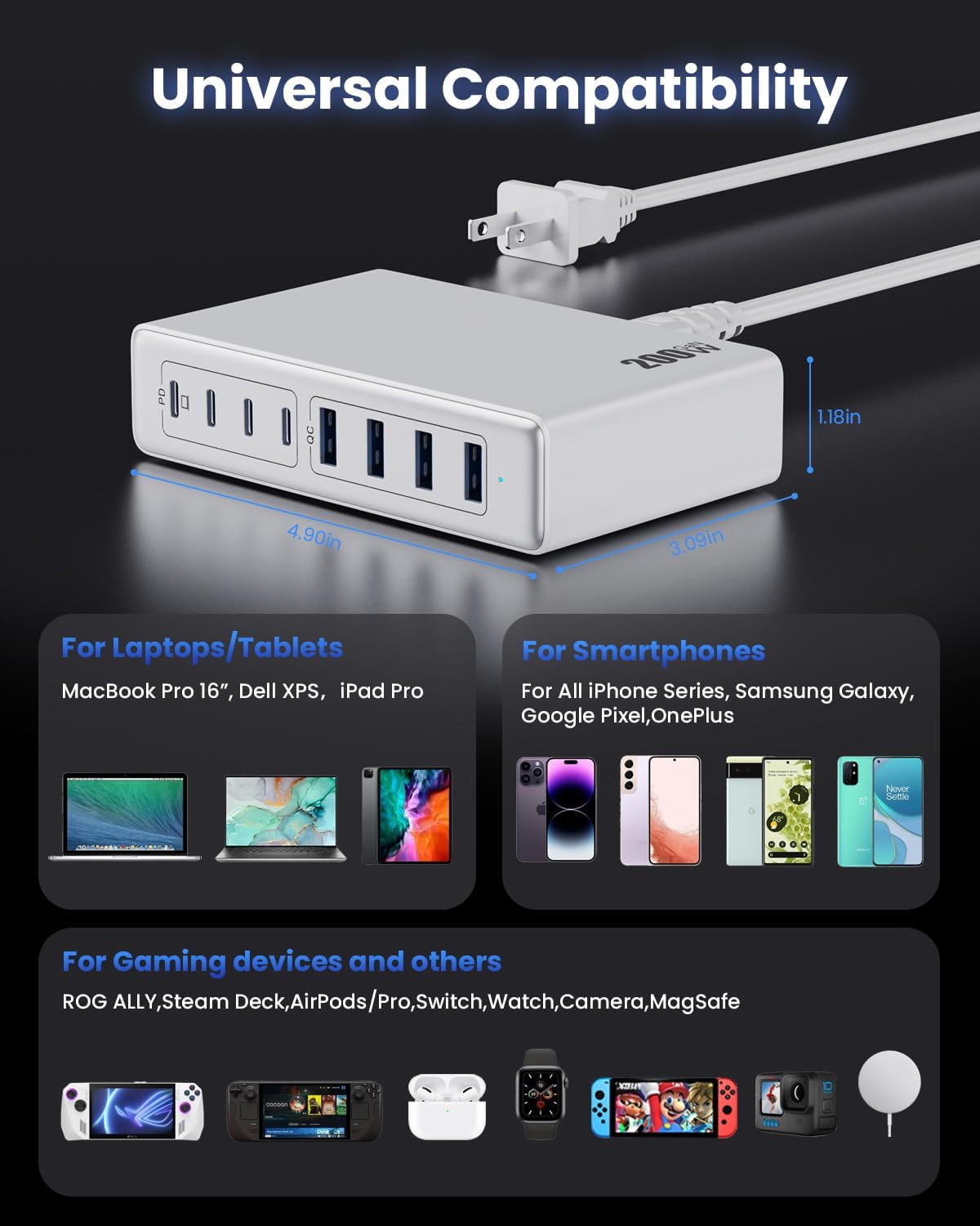 200W USB C Charger Block,GaN IV Charging Station 8 Ports,QC4.0 Fast Charging Station Hub+PD 65W USB C Laptop Charger Adapter Compatible with MacBook Air/Pro,DELL,iPhone 16/15,iPad,Steam Deck-White
