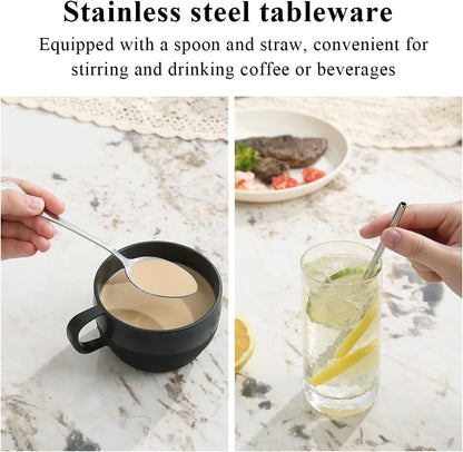 Camping Essentials Set, HOMQUEN Camping Plates and Bowls Set, Coffee Mug, Travel Cutlery Set Include Spoon, Fork, Knife for Work, Outdoor,Picnic, Camp （Black）