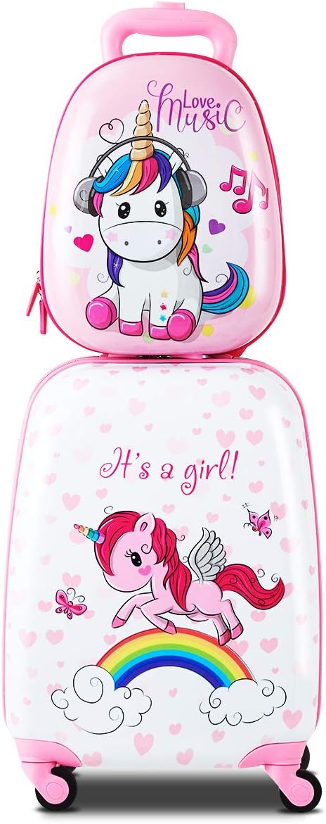 HONEY JOY 2 Pcs Kids Carry On Luggage, 12" School Backpack & 16" Rolling Suitcase, Waterproof Hard Shell Travel Case with Spinner Wheels, Gift for Boys Girls Overnight Travel, Pink Unicorn