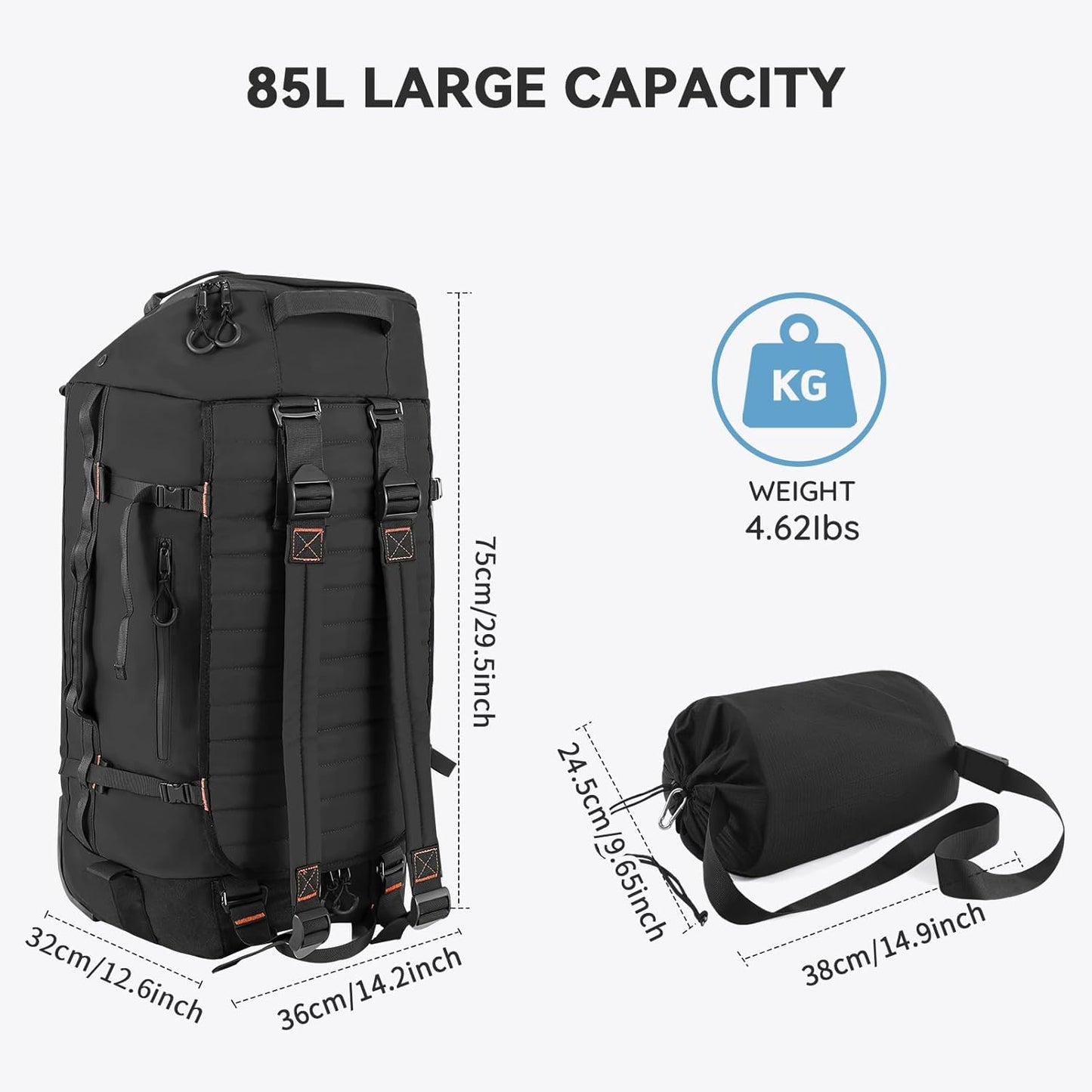 85L 29“ Foldable Rolling Backpack with Wheels, Soft-Side Travel Duffle Bag with Separate Shoe Compartment, Full Quilted Bottom, Black