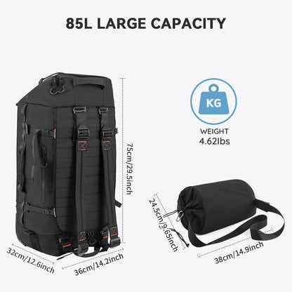 85L 29“ Foldable Rolling Backpack with Wheels, Soft-Side Travel Duffle Bag with Separate Shoe Compartment, Full Quilted Bottom, Black
