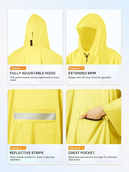 SaphiRose Extra Thick Hooded Rain Poncho Double Layer Waterproof Raincoat Jacket for Men Women Adults