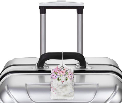 2 Pcs Cute White Cat with Pink Flowers Pattern Leather Luggage Tags, Funny Animal-Themed Suitcase Labels Bag Tag Name ID Labels with Privacy Cover for Teen Kids Adults