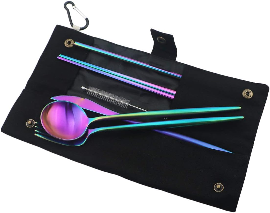 Gugrida Luxury Rainbow Matte Portable 18/10 Stainless Steel Travel Flatware Sets of 7 Portable Camping Cutlery Set, Healthy & Eco-Friendly Flatware Set with Carrying Case for Travel or Camping